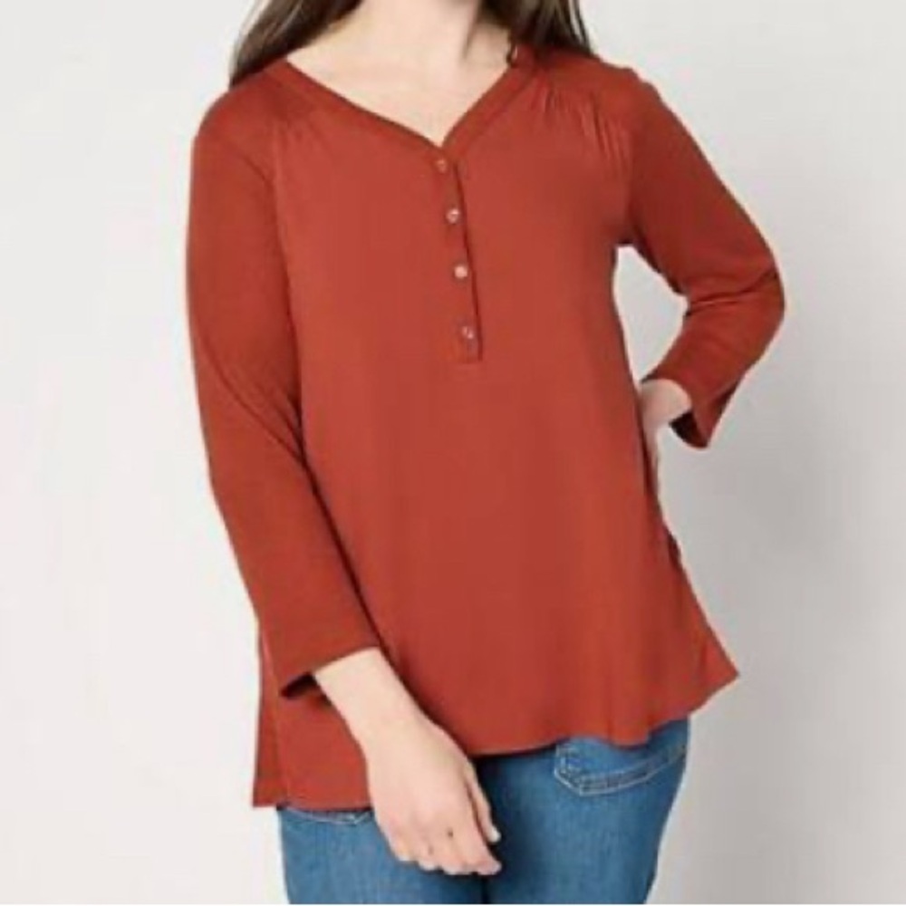 New LOGO by Lori Goldstein 3/4 Sleeve V-Neck Henley Waffle Mix Top Russet 2X